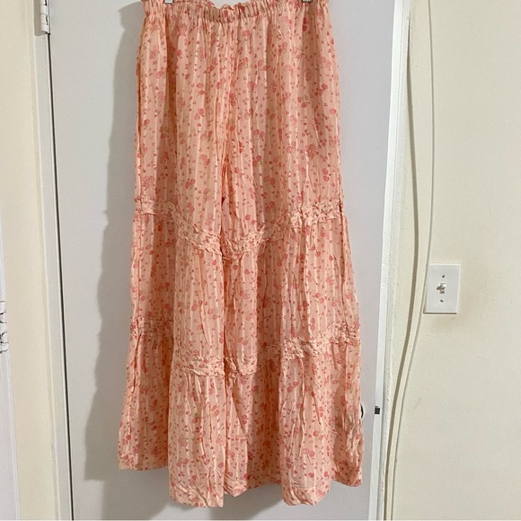 New Free Peoplel Emmaline Tiered Floral Wide Leg Pull-On Pants Peach Combo Sz L - Picture 7 of 16